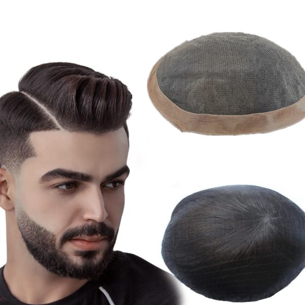 S77154919808448398bc47a7c06ad2dd2A Toupee for Men Fine Mono Men Toupee Human Hair Replacement System Hair Prosthesis Natural Black Hair Units